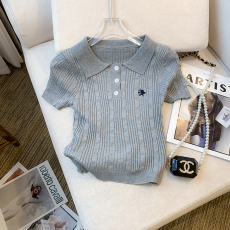 批发实拍 大货 2026夏季新款设计感polo领修身T恤短款刺绣冰丝<b class='q'>针织</b>女