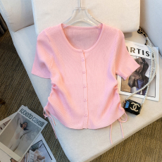 批发实拍 大货 2026夏季新款设计感修身抽绳T恤短袖冰丝针织上衣女