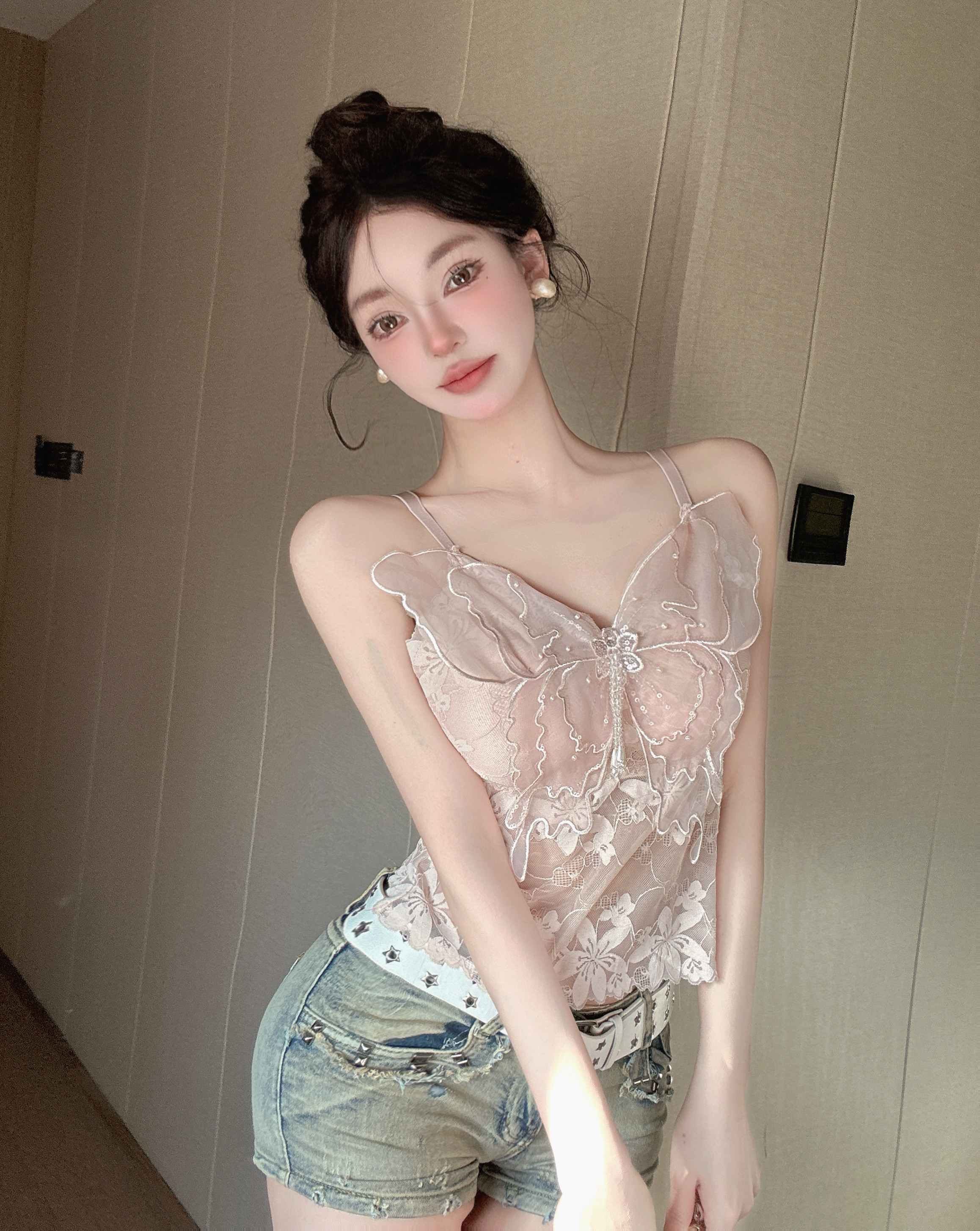 MY6478# 夏超仙甜美设计感重工钉珠亮片蝴蝶结网纱内搭吊带背心带罩杯女裝貨源服裝批發