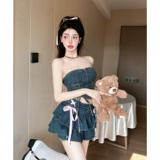 批发实拍纯欲性感辣妹<b class='q'>牛仔</b>套装法式绑带无袖抹胸<b class='q'>背心</b>高腰a字蛋糕半裙