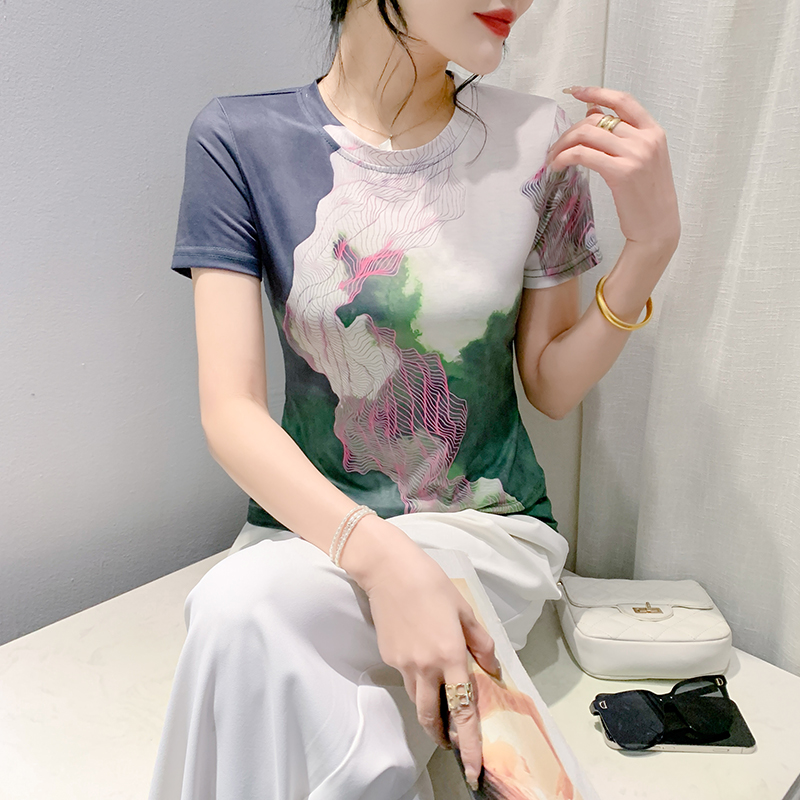 MY16993# 新款时尚定位印花短袖T恤打底衫修身上衣女女裝貨源服裝批發