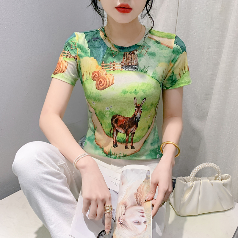 MY16992# 新款时尚定位印花短袖T恤打底衫修身上衣女女裝貨源服裝批發