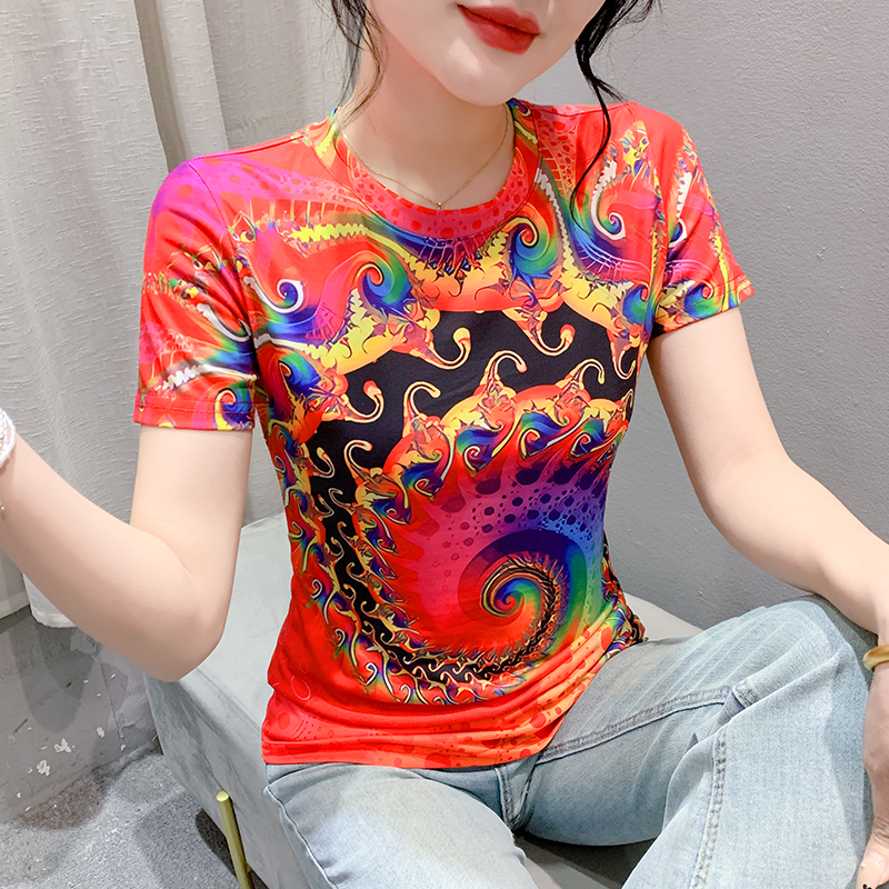 MY16990# 新款时尚定位印花短袖T恤打底衫修身上衣女女裝貨源服裝批發