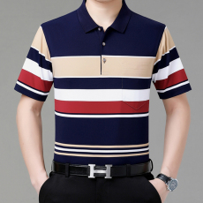 批发夏季新款棉料短袖T恤男翻领爸爸装条纹宽松休闲半袖POLO衫有口袋