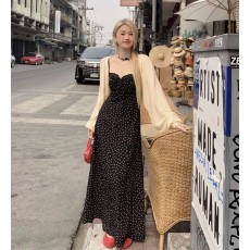 批发大码气质甜美抽绳系带碎花吊带连衣裙淑女风显瘦气质脚踝长裙子