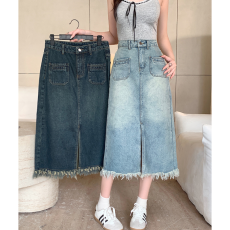 批发实拍2026春装新款胖mm大码高腰毛边A字裙遮胯显瘦开叉牛仔半身裙