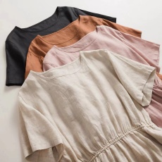 批发<b class='q'>外贸</b>日系原单17×21支薄麻轻薄短袖圆领简约松紧腰大摆中长<b class='q'>连衣裙</b>