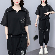 批发实拍 <b class='q'>夏</b>季新款休闲套装女 宽松牛仔拼接短袖七分裤时尚大码女装