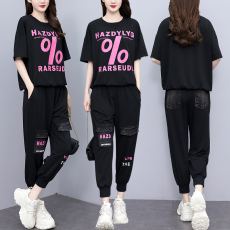 批发实拍 夏季新款套装女 宽松拼接牛仔印花<b class='q'>时尚</b>短袖两件套大码女装