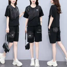 批发实拍 <b class='q'>夏</b>季套装女 宽松拼接牛仔短袖五分裤两件套时尚个性大码女装