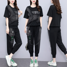 实拍 夏季新款套装女 时尚拼接牛仔蕾丝印花宽松重工短袖大码女装