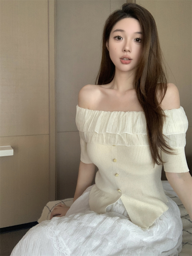 실사 정가 순수한 욕망 섹시함 핫걸 프랑스식 오프숄더 반팔 니트 스웨터 디자인 센스 달콤함 허리 수축 맨위