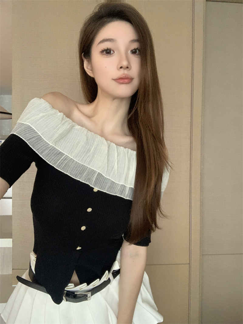 실사 정가 순수한 욕망 섹시함 핫걸 프랑스식 오프숄더 반팔 니트 스웨터 디자인 센스 달콤함 허리 수축 맨위