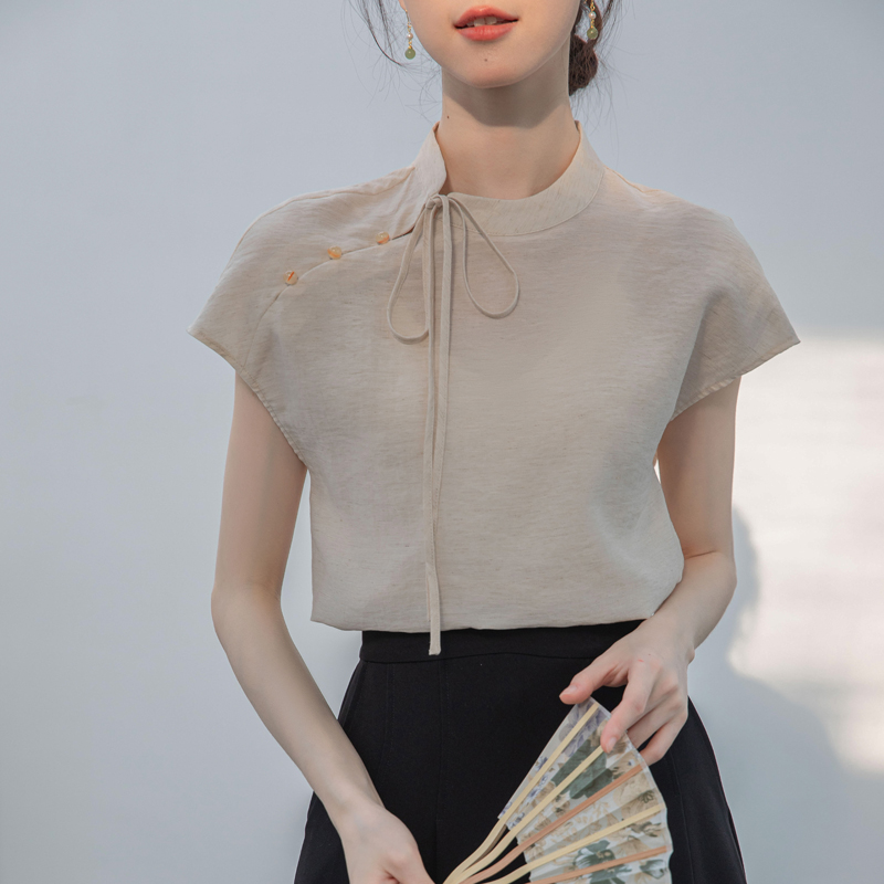LN22053# 新中式亚麻短袖衬衫女夏季新款国风小衫 服裝批發女裝批發服飾貨源