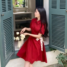 批发红色连衣裙女夏新款复古高级收腰显瘦法式敬酒订婚裙