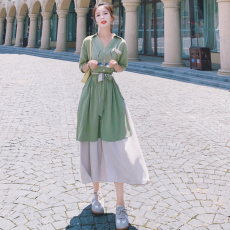 批发原创春夏奶绿拼色2面穿复古小众设计感不规则衬衫连衣裙
