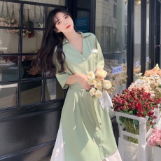 批发法式连衣裙小清新气质温柔风甜美初恋夏季撞色翻领松紧腰大摆裙子