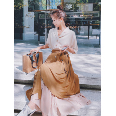 批发新款假两件西装扁系带显瘦气质法式温柔长裙