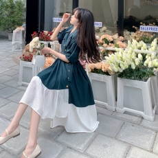 批发高级感拼接连衣裙女2024新款夏装优雅气质裙子短袖收腰