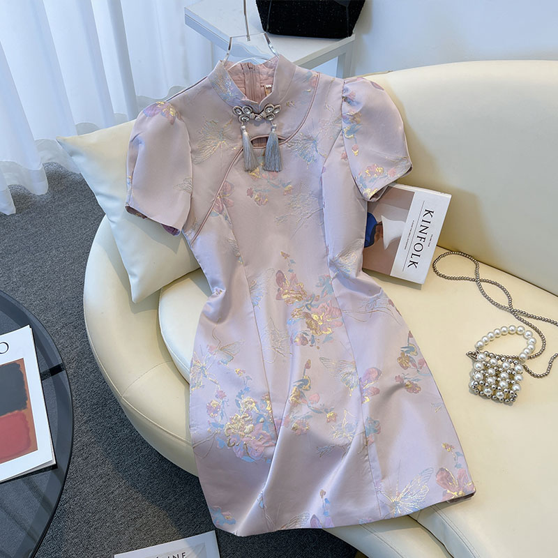 FA36332# 新中式气质旗袍连衣裙女夏季新款茶系穿搭设计感修身显瘦裙子 服裝批發女裝批發服飾貨源