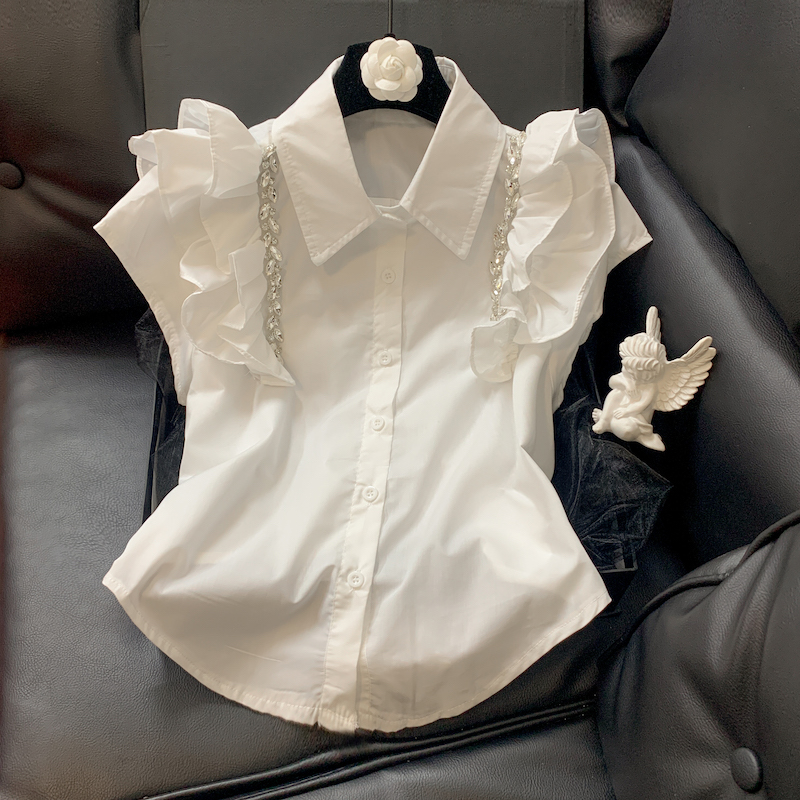 LN21391# 重工镶钻白色衬衫女夏季今年流行的法式不规则上衣 服裝批發女裝批發服飾貨源