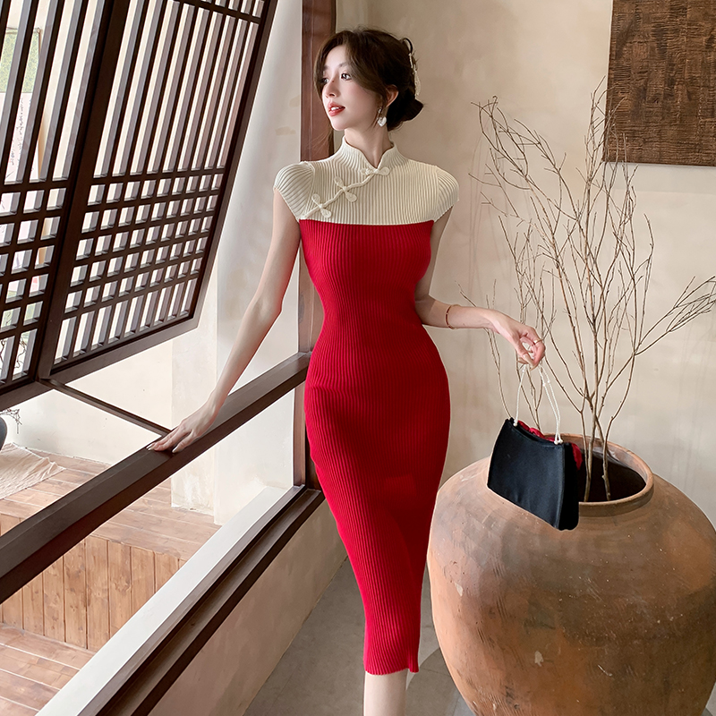 LN29335# 新中式气质长款针织连衣裙高级感红色复古时尚国风夏裙子 服裝批發女裝批發服飾貨源