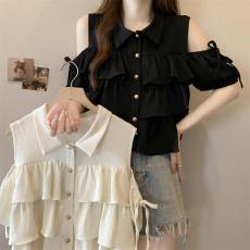 批发实拍大码 2026夏季新款荷叶边娃娃衫上衣polo领露肩<b class='q'>短袖</b><b class='q'>衬衫女</b>