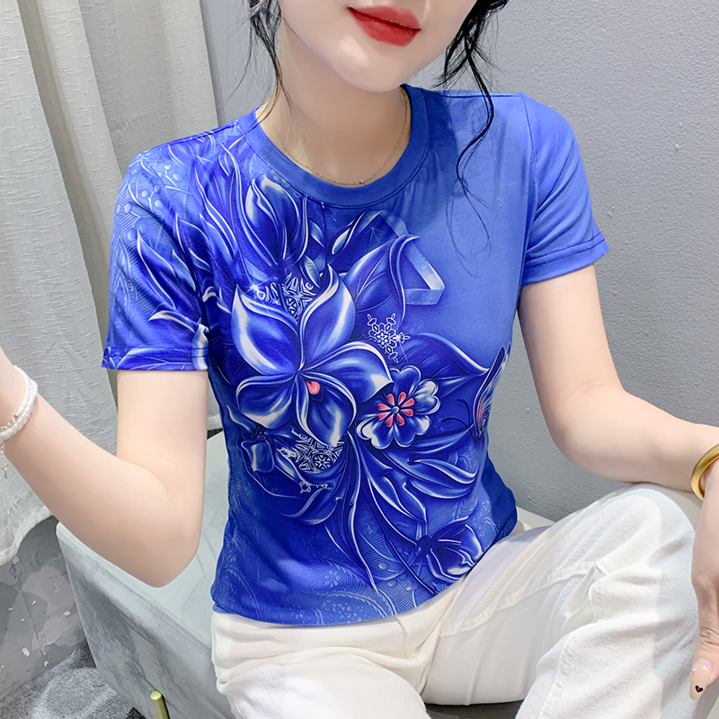 MY16991# 新款时尚定位印花短袖T恤打底衫修身上衣女女裝貨源服裝批發