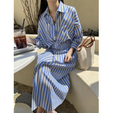 批发已出货 韩国<b class='q'>东大门</b>小众设计感条纹衬衫<b class='q'>连衣裙</b>女