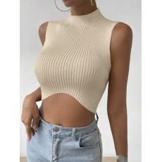 批发夏季新款欧美范半高领下摆弧形露脐背心