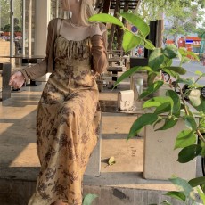 批发大码加长法式复古水墨印花显瘦吊带连衣裙气质淑女超显瘦脚踝长裙