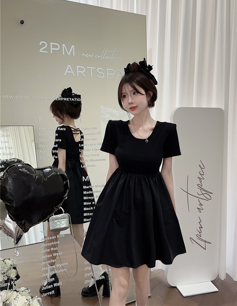 LN25353# ----韩版露背拼接假两件修身显瘦黑色连衣裙  服裝批發女裝批發服飾貨源