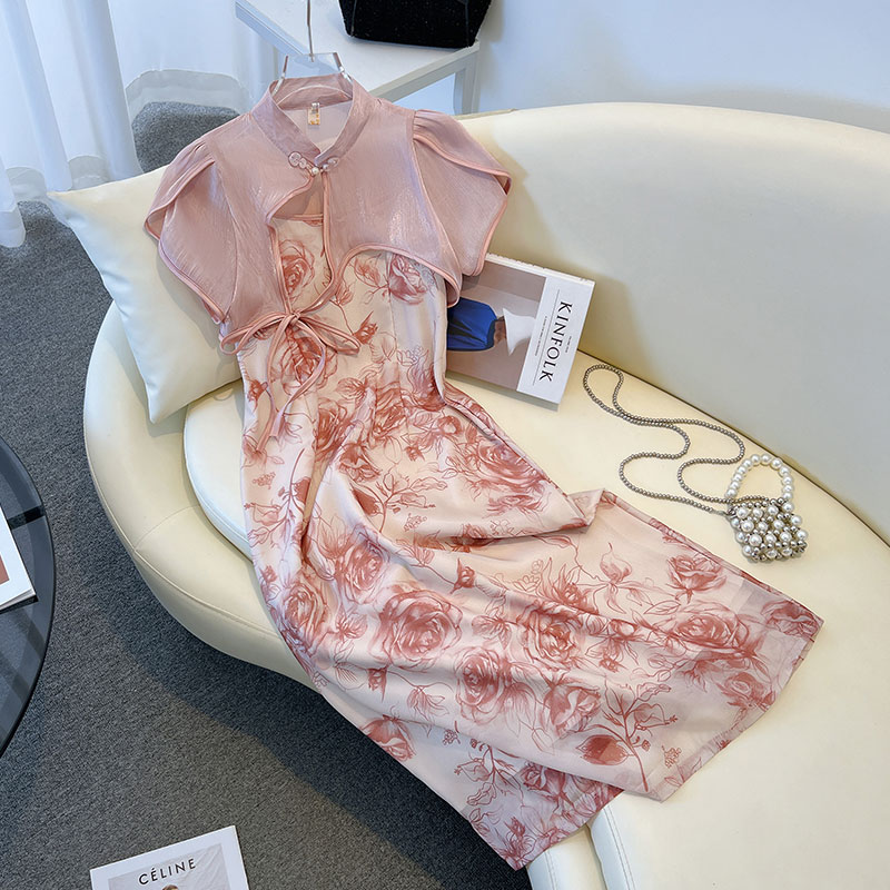 FA36327# 粉色旗袍裙女夏季年轻款新中式高级感小个子低领日常改良国风少女 服裝批發女裝批發服飾貨源