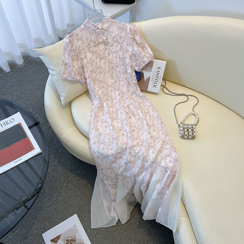 FA36328# 夏季新款拼接改良旗袍年轻文艺新中式温柔系优雅鱼尾连衣裙 服裝批發女裝批發服飾貨源