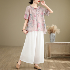 批发新中式国风棉麻绣花衬衫女夏新款宽松上衣阔腿裤套装