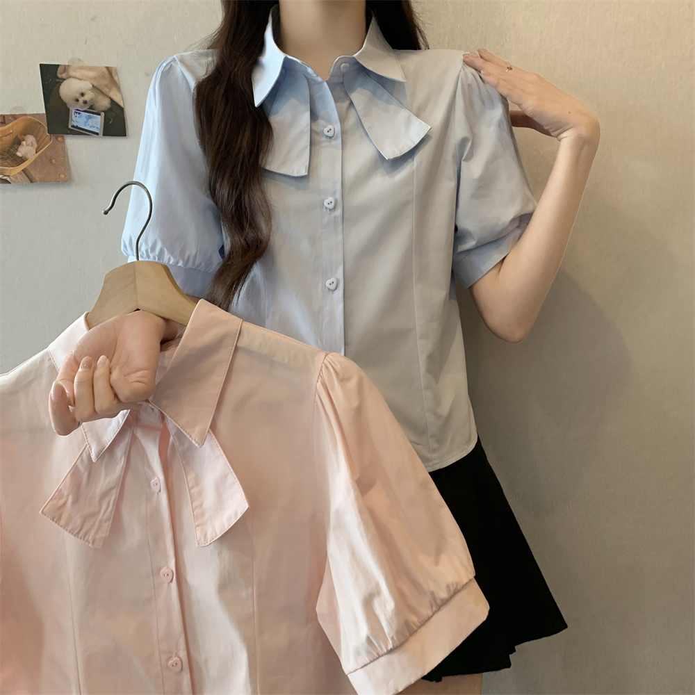 실제 촬영 큰 사이즈 여성 의류 여름 대학 스타일 외국 가스 달콤한 짧은 소매 패키지 버블 소매 Chic 활 셔츠 맨위 여자