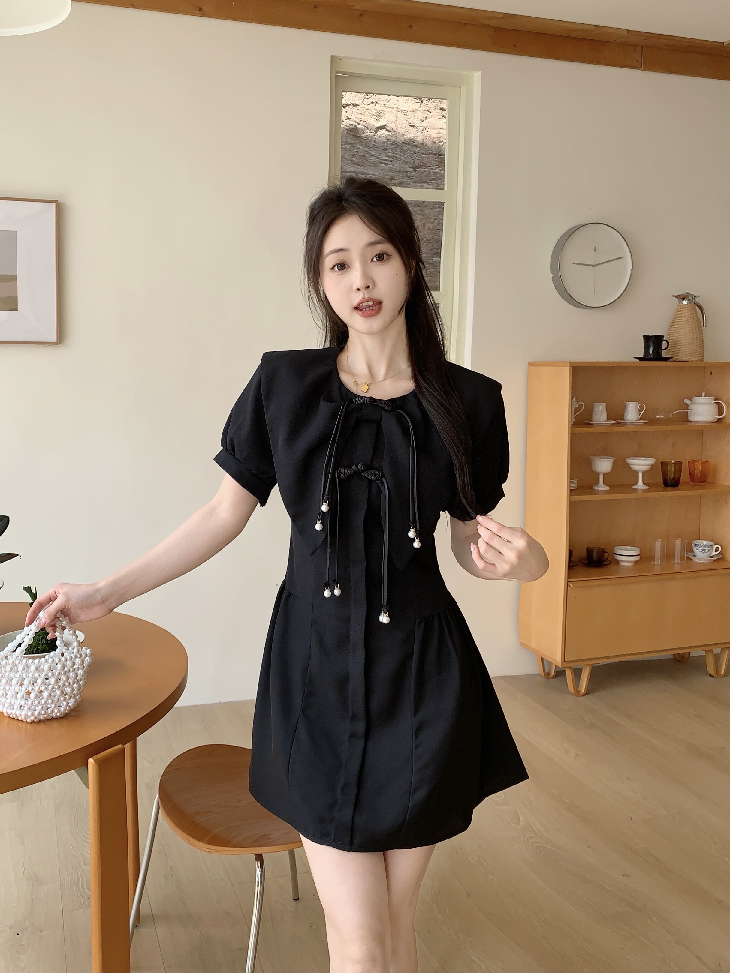 MY3081# 新中式国风盘扣复古娃娃领小黑裙夏高级感气质显瘦短袖连衣裙女裝貨源服裝批發