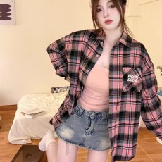 批发WORKSOUTWKST刺绣破洞粉色<b class='q'>格子</b><b class='q'>衬衫</b>复古宽松设计感小众<b class='q'>衬衣</b>外套