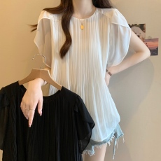 批发2026夏季新款大码女装飞袖圆领单排扣压褶宽松显瘦衬衣女装