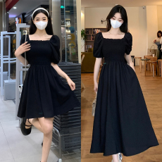 批发夏新款大码胖mm复古松紧黑色高腰方领超仙气质温柔显瘦<b class='q'>长裙</b>子