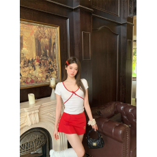 批发实拍 法式小众撞色蝴蝶结短袖<b class='q'>T</b><b class='q'>恤</b>修身甜辣短款上衣