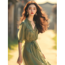 批发新中式小立领那不勒斯长<b class='q'>裙</b><b class='q'>超</b>仙女薄荷曼波风绿色雪纺连衣<b class='q'>裙</b>女夏季