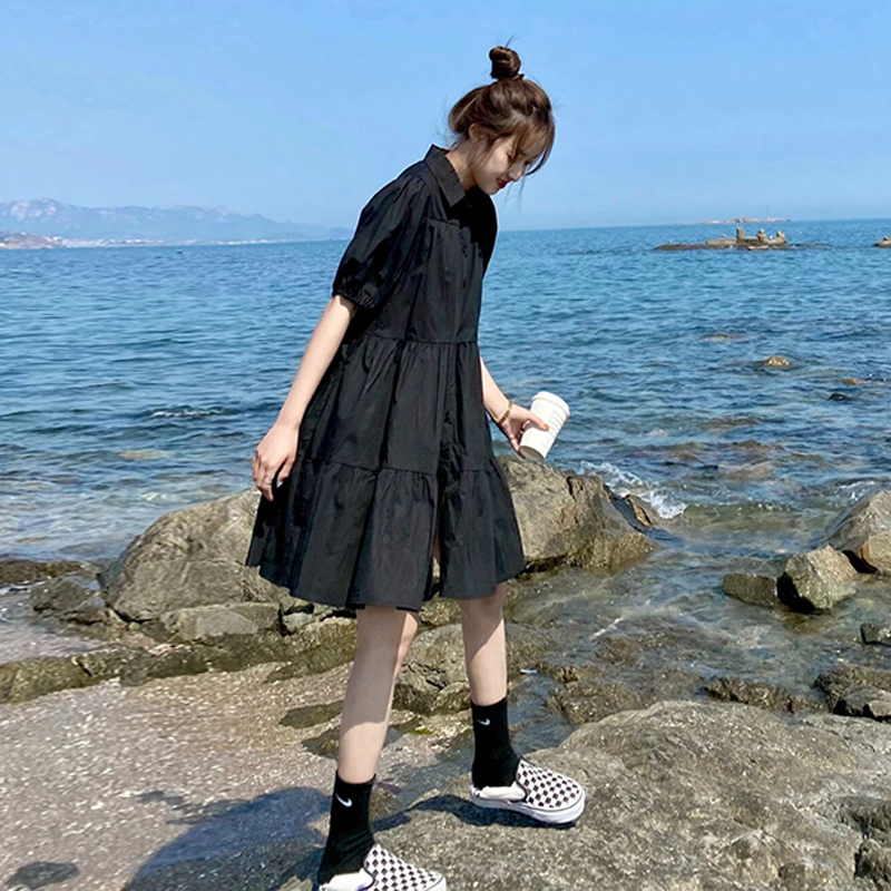 여름 외국 가스 그는 벤 바람 주름 작은 검은 드레스 빅 사이즈 여성 의류 표지 배 슬림해 보이는 드레스