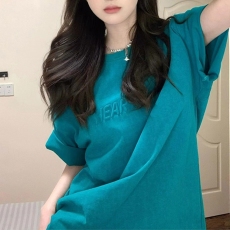 批发21支210g精梳纯棉 蓝色钢印字母设计感短袖纯棉t恤女宽松<b class='q'>体恤</b>上衣