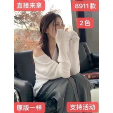 SUN11纯欲风V领长袖上衣女春季新款白色微透设计感小众宽松针织衫