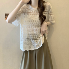 批发大码女装新款针织衫女上衣2026胖mm妹妹夏季<b class='q'>镂空</b>短袖t恤薄防晒衣