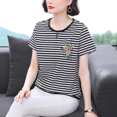 批发实拍2026年夏季新款时尚气质休闲圆领套头莫代尔纯棉条纹刺绣T恤