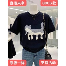 少女感精致 蝴蝶结小猫提花圆领短袖针织衫女舒适显瘦休闲上衣ins