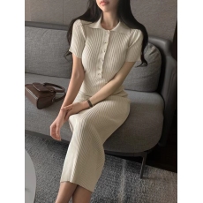 批发韩国chic  气质简约纯色翻领针织连衣裙