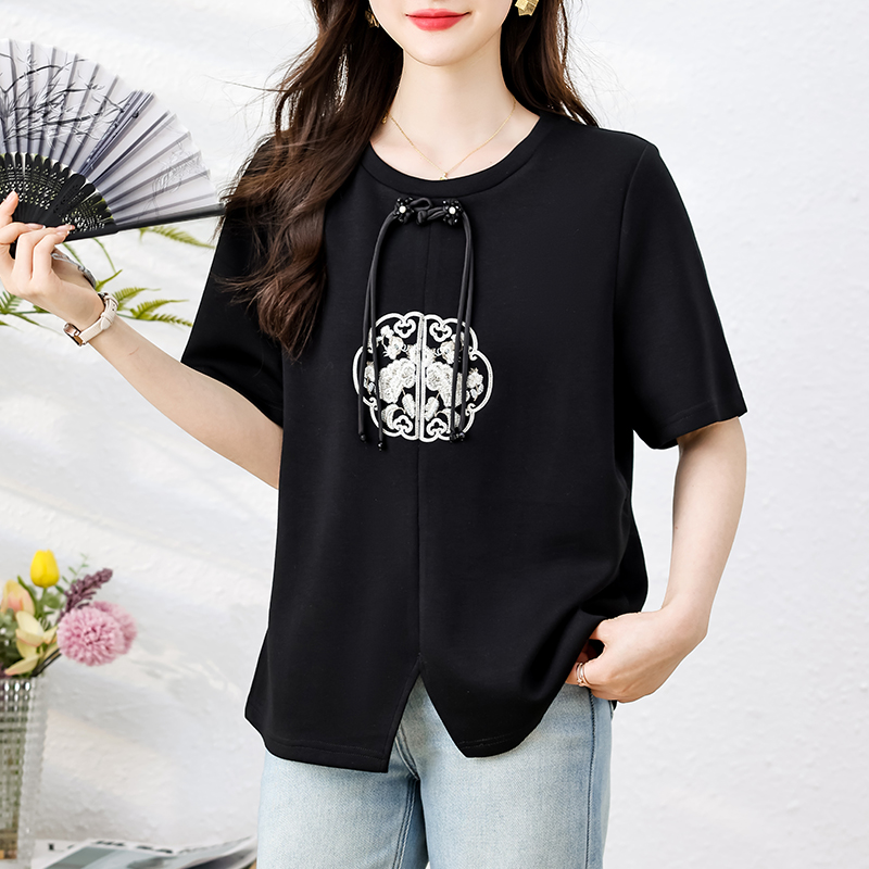 MY14861# 新中式复古刺绣T恤新款盘扣短袖国风百搭减龄女装女裝貨源服...